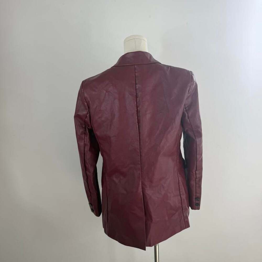 Burgundy Vegan Leather Blazer | Single Button Longline Coat | Women’s Medium - Picture 4 of 4